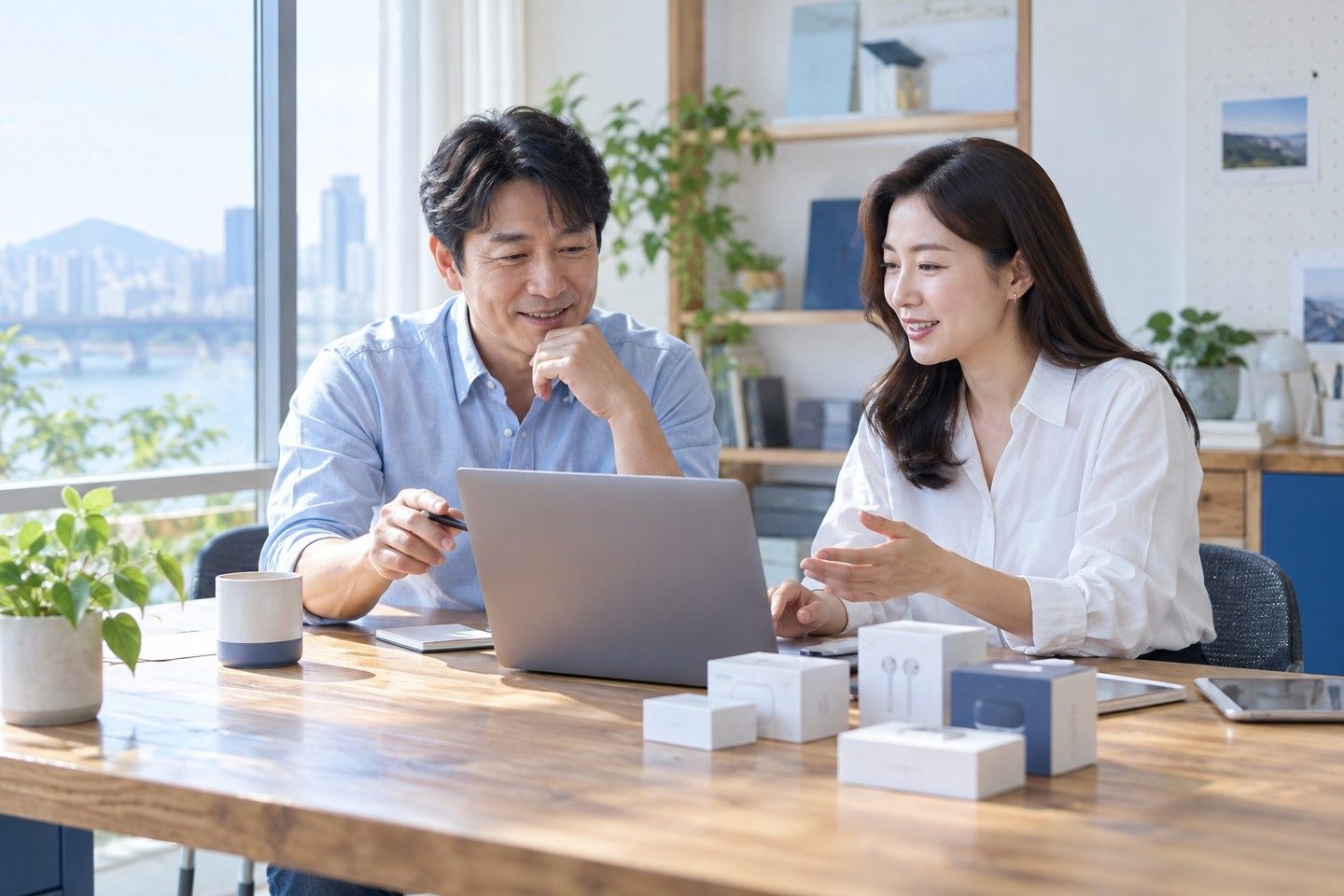 나란히 앉아 서류의 항목을 확인하는 두 사람 — PG 신규사업자 카드단말기 고장 접수고장 접수, 첫 주말에 멈춰도 계산은 이어 가요. 연락 주시면 먼저 함께 살펴봐요.