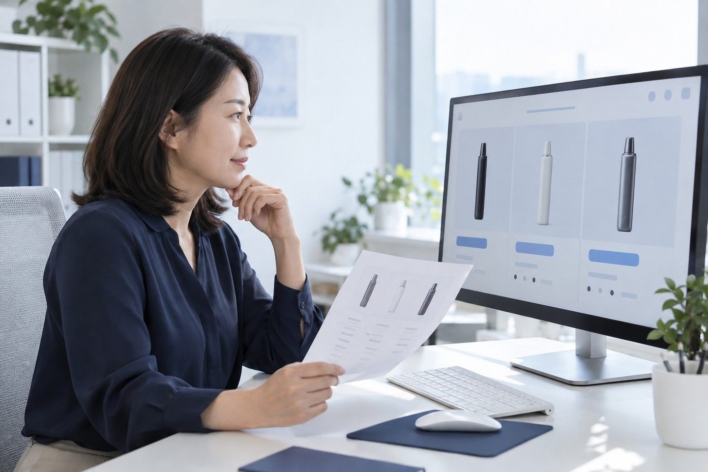 태블릿과 모니터 화면을 확인하는 여성 — PG 신규사업자 카드단말기 가입 비용가입 비용, 들어오실 때 청구서는 0원입니다. 연락 주시면 남는 숫자까지 보여 드려요.
