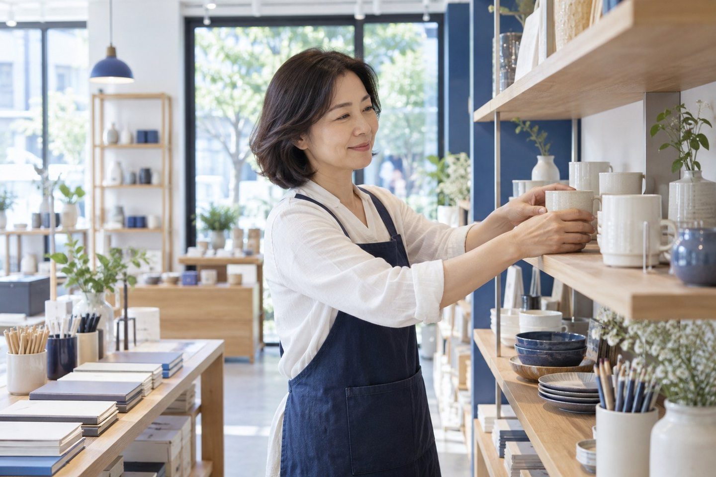 매장 계산대에서 업무를 보는 여성 — PG 신규사업자 카드단말기 서류 대조서류 대조, 한 글자 차이가 하루를 잡아먹어요. 연락 주시면 접수 전에 먼저 맞춰 봐요.